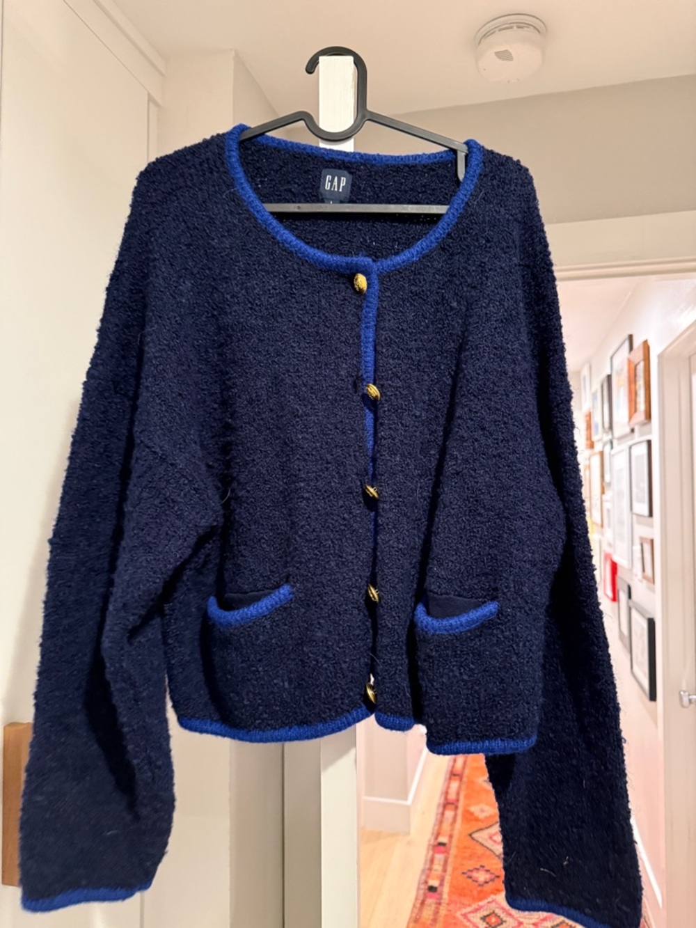 GAP Women's Navy Bouclé Jacket with Royal Blue Trim and Gold Buttons